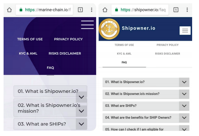 April 2018 screenshots of marine-chain[.]io and shipowner[.]io. Source: Recorded Ruture
