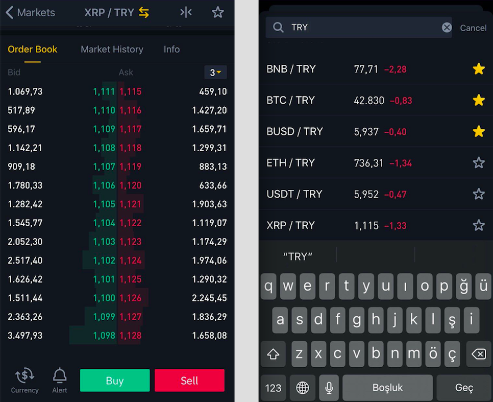 Screenshots of Turkish lira trading pairs available on Binance